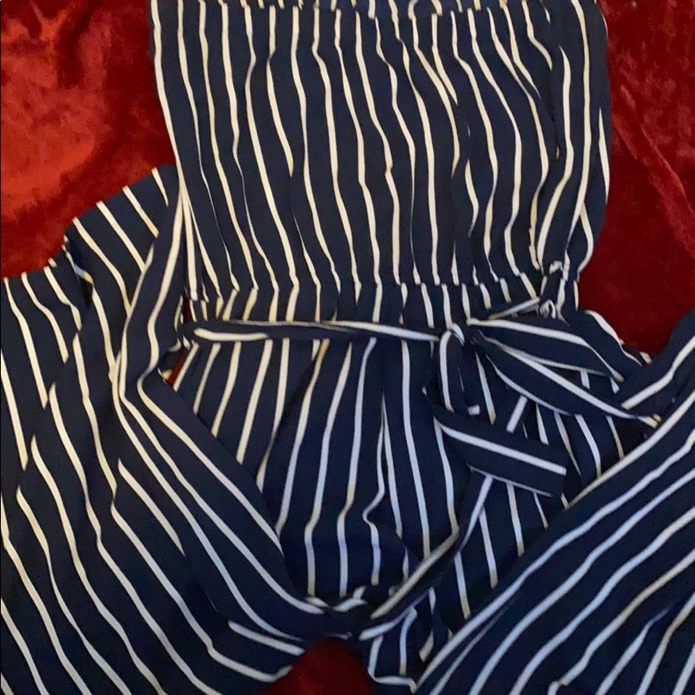 Dark Blue Striped Strapless jumper.